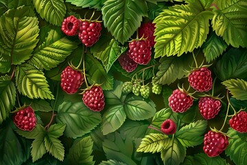 Poster - close up of ripe red raspberries growing on a bush, surrounded by vibrant green leaves, creating a n