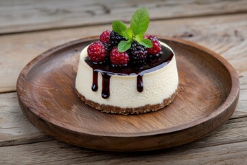 Cheesecake on wooden plate isolated on wooden background