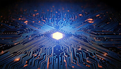 Poster - Stunning close-up of a glowing circuit board, showcasing intricate pathways and a central illuminated cube.