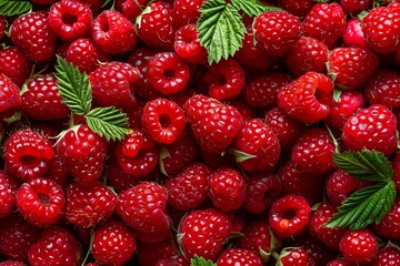 Poster - ripe red raspberries with green leaves form a vibrant and appetizing background