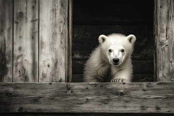 Wall Mural - A curious polar bear cub peeks through a rustic wooden enclosure.