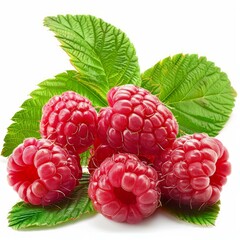 Poster - Freshly picked raspberries sit on lush green leaves, showcasing the beauty of nature's bounty