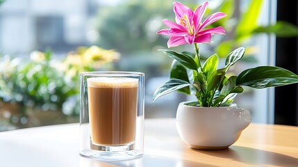 Sticker - Latte in Double Walled Glass with Pink Flower