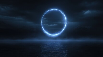 Wall Mural - a large blue circle is floating in the dark sky above a body of water