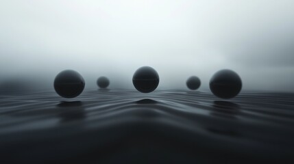 Poster - A series of black spheres floating on a body of water