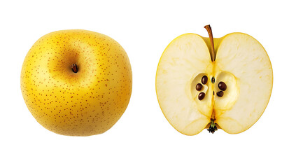 Sticker - ripe yellow apple fruit and apple half isolated on white background PNG.AI GENERATED