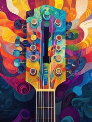 Poster - Vibrant Abstract Guitar Headstock Art with Colorful Swirls Background