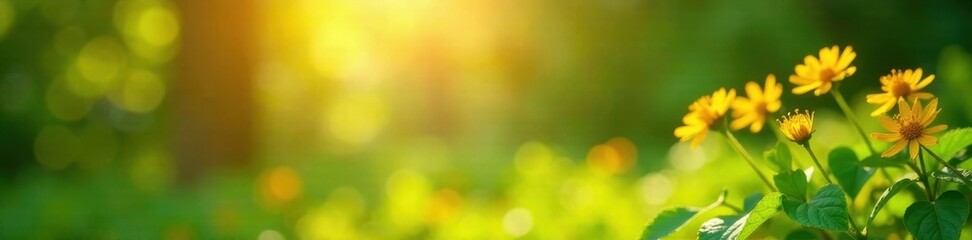 Wall Mural - Soft-focus sunlit garden bokeh, vibrant green and gold , out of focus, glow