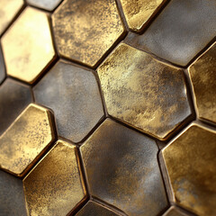 Poster - Close-up of golden and black hexagonal tiles with textured surface