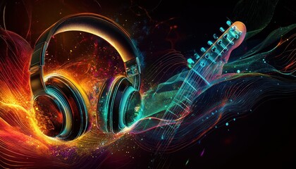 Poster - Dynamic Harmony Headphones and Guitar with Vibrant Energy Flowing Through the Scene