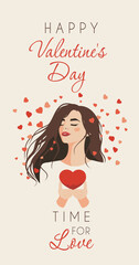 Wall Mural - Happy Valentine's Day. One young woman holds a heart in her hands. Warm shades of color create an atmosphere of love and tenderness. Vector postcard in gentle tones with space for text 