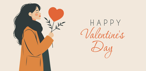 Wall Mural - Happy Valentine's Day. Vector card in gentle pastel colors with space for text. One cute girl holds a heart on a branch in her hands. For love sites, dating apps, posters, banner