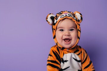 Wall Mural - portrait cute smiling baby dressed in tiger costume sitting on light purple background with copy space