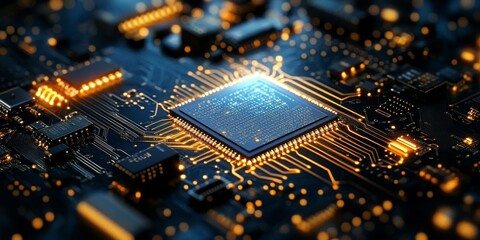 Poster - A closeup view of a microchip on a circuit board, showcasing intricate connections and glowing elements that highlight the complexity and artistry of modern technology and design