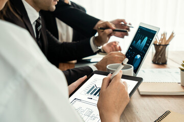 Poster - Financial data analysis dashboard by Fintech BI or business intelligence display on laptop and tablet to in-depth financial data analysis by business people planning on marketing. Habiliment