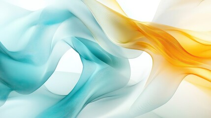 Poster - Abstract swirling teal and gold translucent fabric waves on white background.