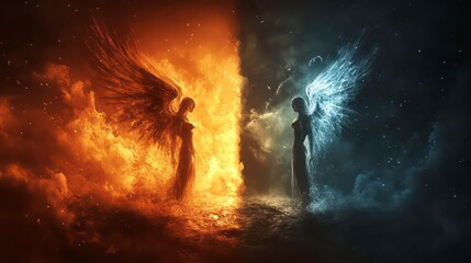 Poster - Two angelic figures, one engulfed in fire, the other in ice, stand back to back, representing opposing forces.
