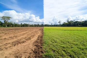 Wall Mural - Deforestation contrast plowed field vs. lush forest