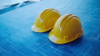 Poster - Two yellow hard hats rest on blueprints.