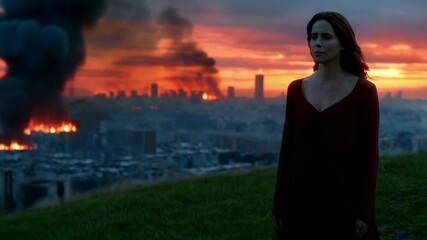 Wall Mural - A woman stands against the backdrop of a burning city