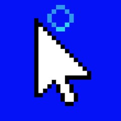 Poster - pixelated mouse cursor animation, rotating loading circle icon, blue background, retro digital aesth