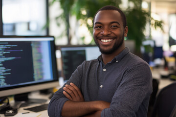 Poster - man with a smile on his face is standing in front of a computer monitor. He is wearing a blue shirt and has his arms crossed. Concept of confidence and positivity
