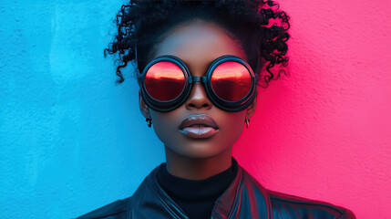 Wall Mural - Stylish young woman wearing oversized round sunglasses with colorful reflections against a vibrant blue and pink wall background, showcasing modern fashion and beauty