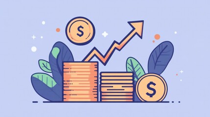 Fototapete - Growing stacks of gold coins with upward arrow indicating financial growth and success.