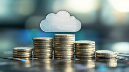 Fototapete - Cloud computing financial growth concept; stacks of coins rising with a cloud icon above.