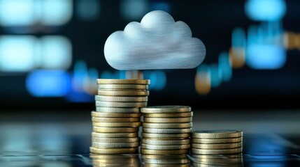 Aufkleber - Cloud computing financial growth concept. Stacked coins with a cloud symbol on top against a blurry stock market chart background.