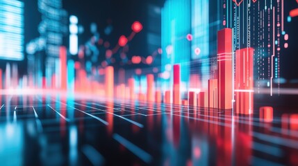 Poster - A D bar chart in red and blue, with data indicators on a reflective white surface, symbolizing growth and business success