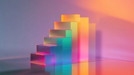 Poster - A D stacked bar chart with gradient colors, showing financial trends on a reflective surface, with a soft light background