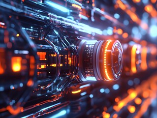 Poster - A futuristic close-up of a high-tech machine featuring intricate details and glowing components. The vibrant colors and sharp lines illustrate advanced technological innovation.