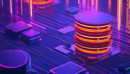 Poster - A futuristic close-up of a computer circuit board illuminated with vibrant lights