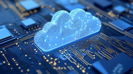 Poster - A futuristic representation of a cloud storage concept on a computer circuit board, showcasing connectivity and digital innovation. Ideal for technology and data-related themes.