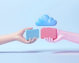 Poster - a minimalist digital concept showing two hands exchanging blocks, symbolizing data transfer and clou