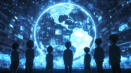 Poster - Silhouetted children observing a digital globe representing global connection and technology.
