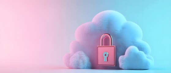 Poster - A stylized representation of cloud technology featuring a locked padlock symbolizing security. The backdrop is a blend of vibrant pink and blue colors creating a modern look.