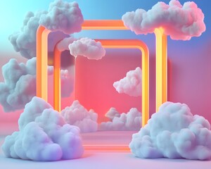 Poster - A surreal digital landscape featuring colorful frames surrounded by soft, fluffy clouds