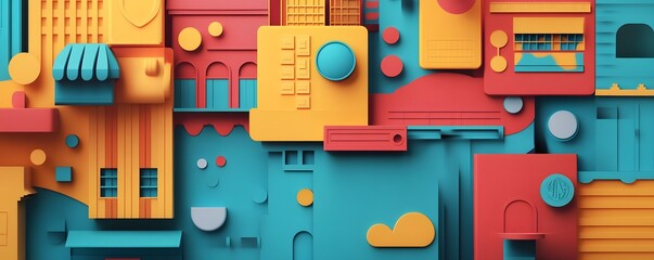 Poster - A vibrant abstract composition featuring colorful geometric shapes and playful designs. This illustration combines elements of architecture and art, perfect for creative projects.