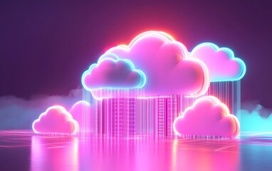 Poster - A vibrant illustration of neon clouds emitting colorful streams of light, creating a surreal and dreamy ambiance. Perfect for use in digital designs or creative projects.