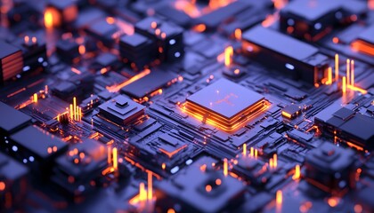 Poster - Close-up view of a colorful microchip circuit board featuring intricate designs with glowing orange lights