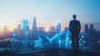 © Teeraphon - Abstract business man stands on the peak of success amid tall, innovative Smart city and graphs with statistics to analyze business potential and predict future developments in company growth.