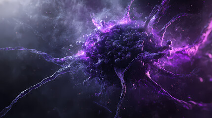 Wall Mural - Close-up of a floating virus with purple light on dark background, 3d rendering generative ai. Stormfall. Illustration