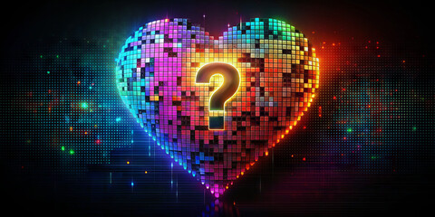 Poster - A heart made of colorful pixels radiates light against a dark background, with a central question mark symbolizing uncertainty and intrigue around love and relationships