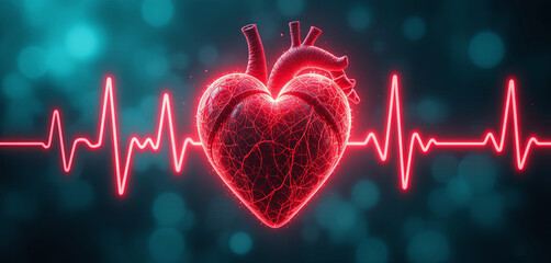Poster - A glowing red heart symbol is centered against a blue backdrop, with an accompanying rhythm line showing pulse waves. The imagery conveys themes of health and vitality