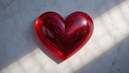 Poster - A red heart-shaped resin sculpture rests on a light marble surface, casting gentle reflections and absorbing sunlight