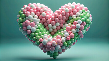 Poster - A heart shape is crafted from an array of colorful spheres in green, pink, and white. The vibrant composition stands out against a soothing blue backdrop, showcasing playful creativity
