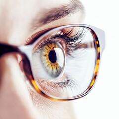 Poster - Close up view of a human eye highlighting detail in the iris and reflection in glasses. Generative AI
