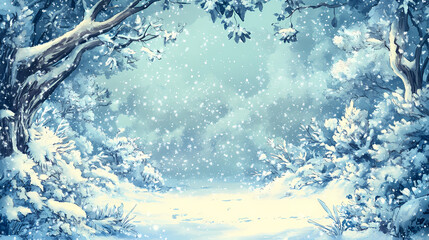 Wall Mural - Winter wonderland snow scene with copy space. winter background with a snowflake border and white vignetting. winter wonderland. illustration. Sunweave. Illustration